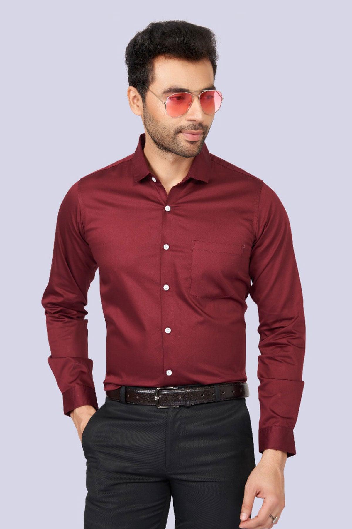 Newest Maroon Men Slim Fit Cotton Satin Formal Shirt